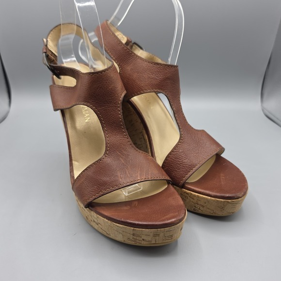Stuart Weitzman Shoes - Stuart Weitzman Shoes Womens 9.5 Brown Leather Cork Wedge Ankle Strap Platform